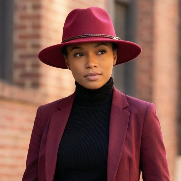 Burgundy Faux Wool Fedora Adjustable Hat main image 5